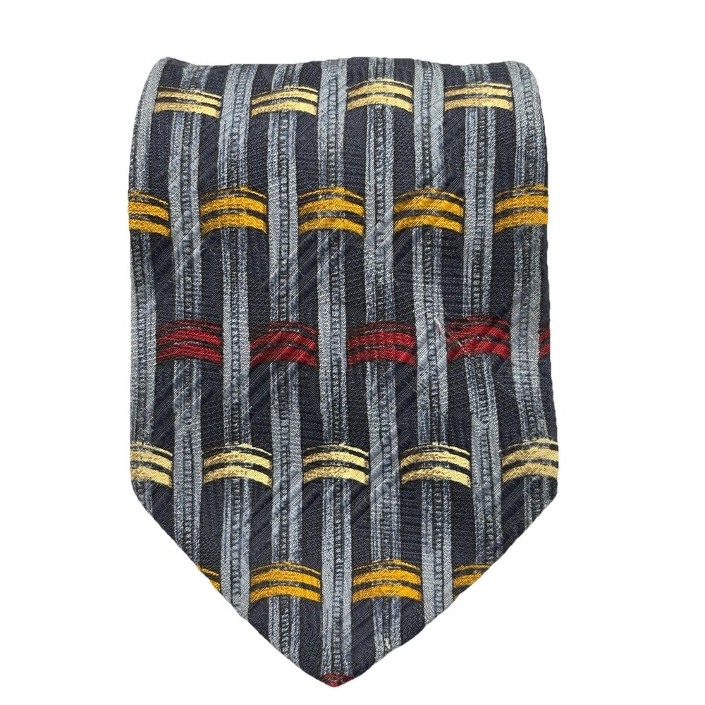 Stefano Milano Silk Necktie Blue Woven Striped Gold Red